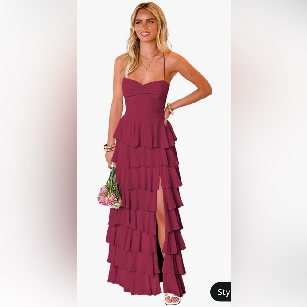 Spaghetti Strap Tiered Ruffle Maxi Prom/Formal Dress with Slit
